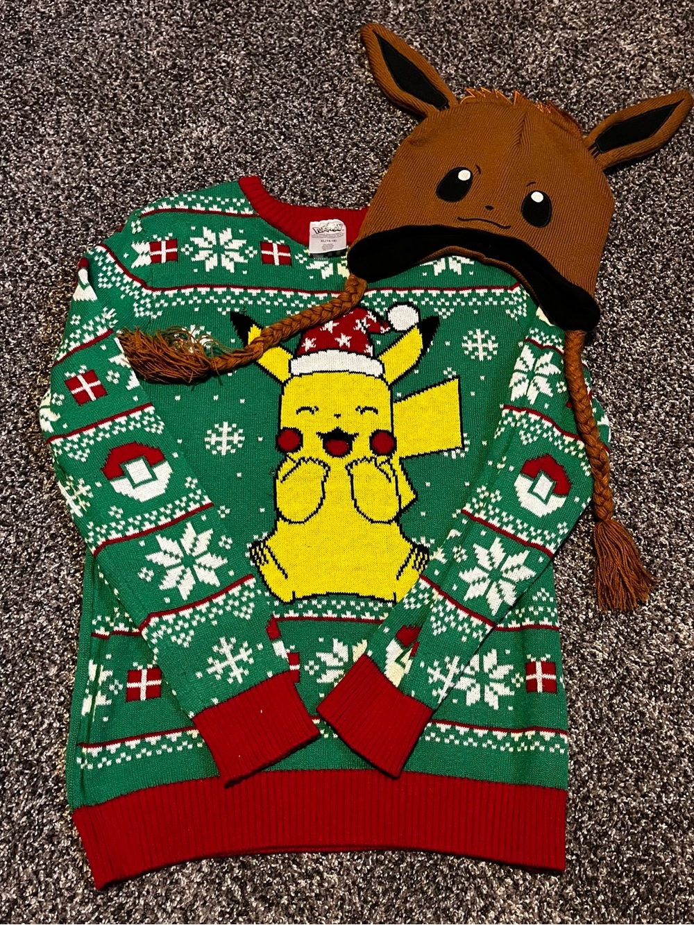 Pikachu Kids Christmas Sweater & Eevee Beanie